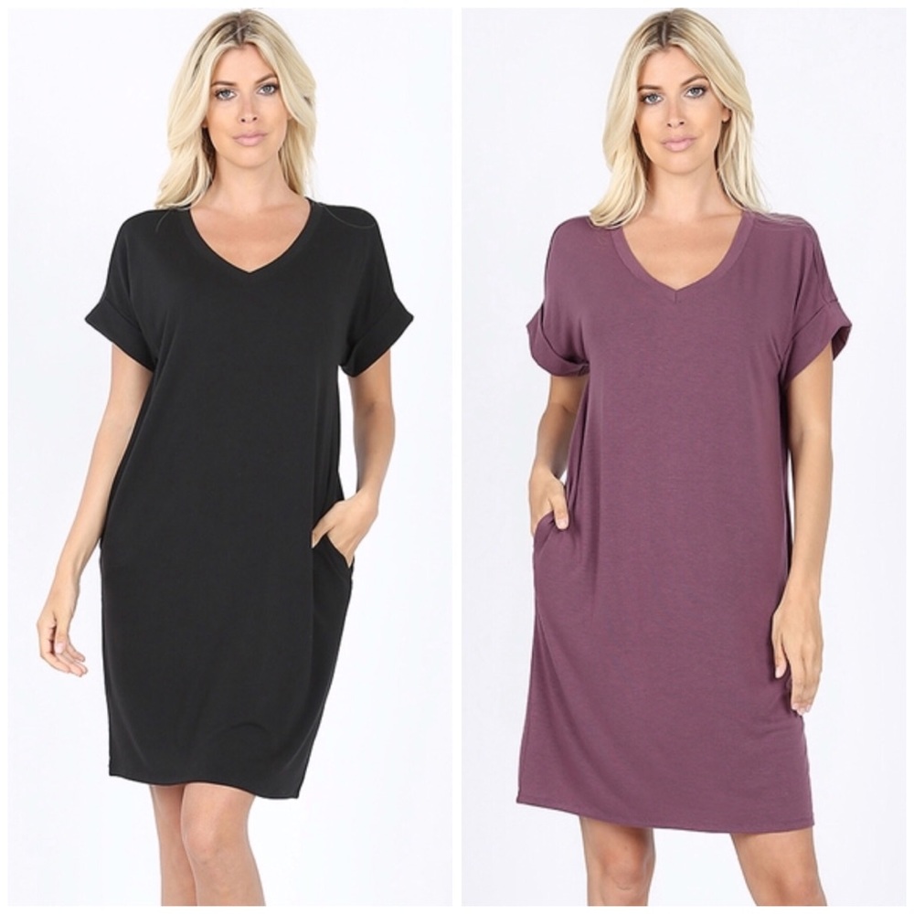 Eggplant Short Sleeve Pocket Dress
